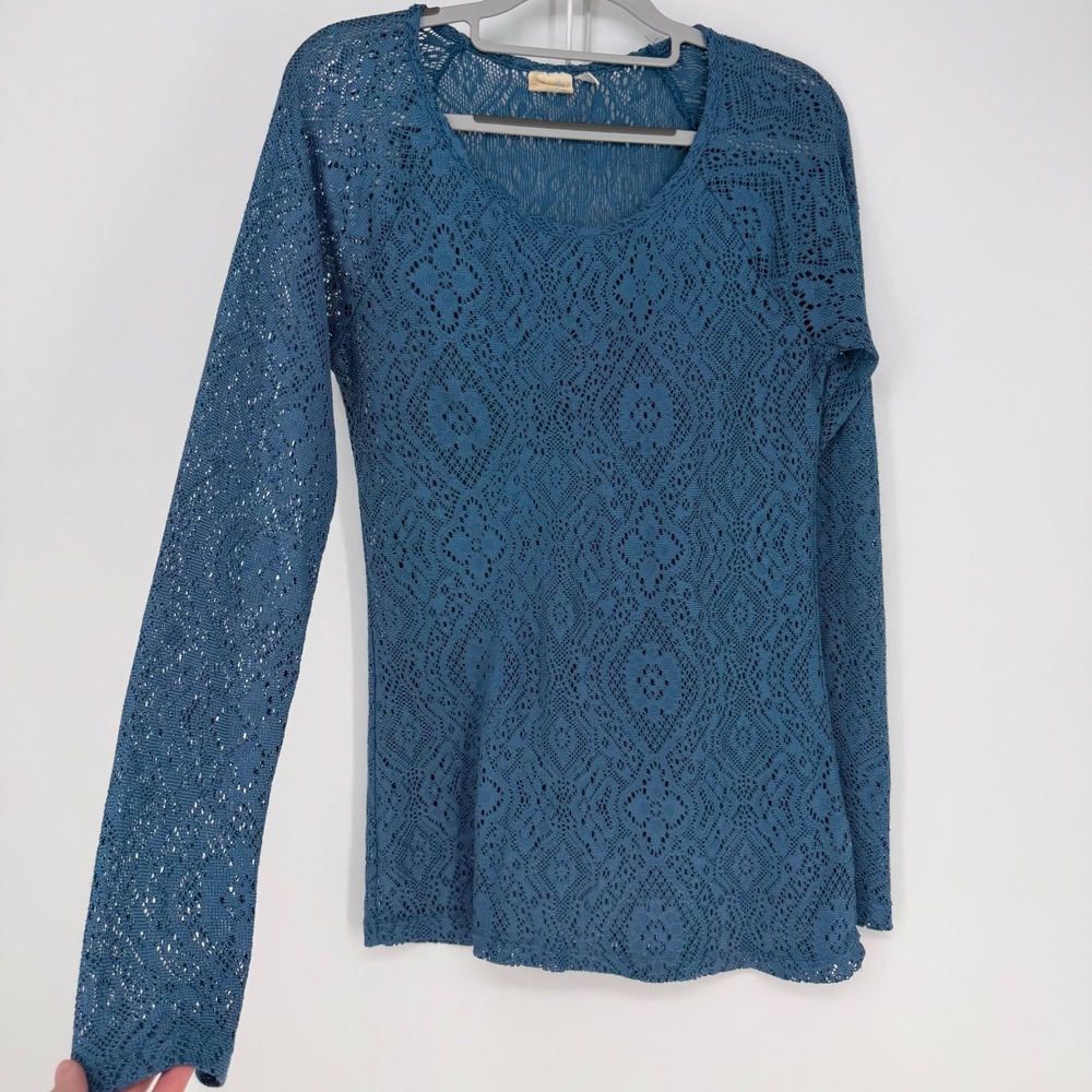 Mudd Crochet Lace Top Womens Large Blue‎ Long Sleeve Boho Fairy Whimsical Sheer